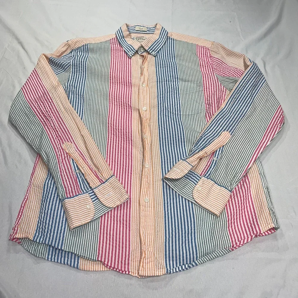 J. Crew Mens Slim Fit Seersucker Organic Cotton Striped‎ Button Down Shirt Large